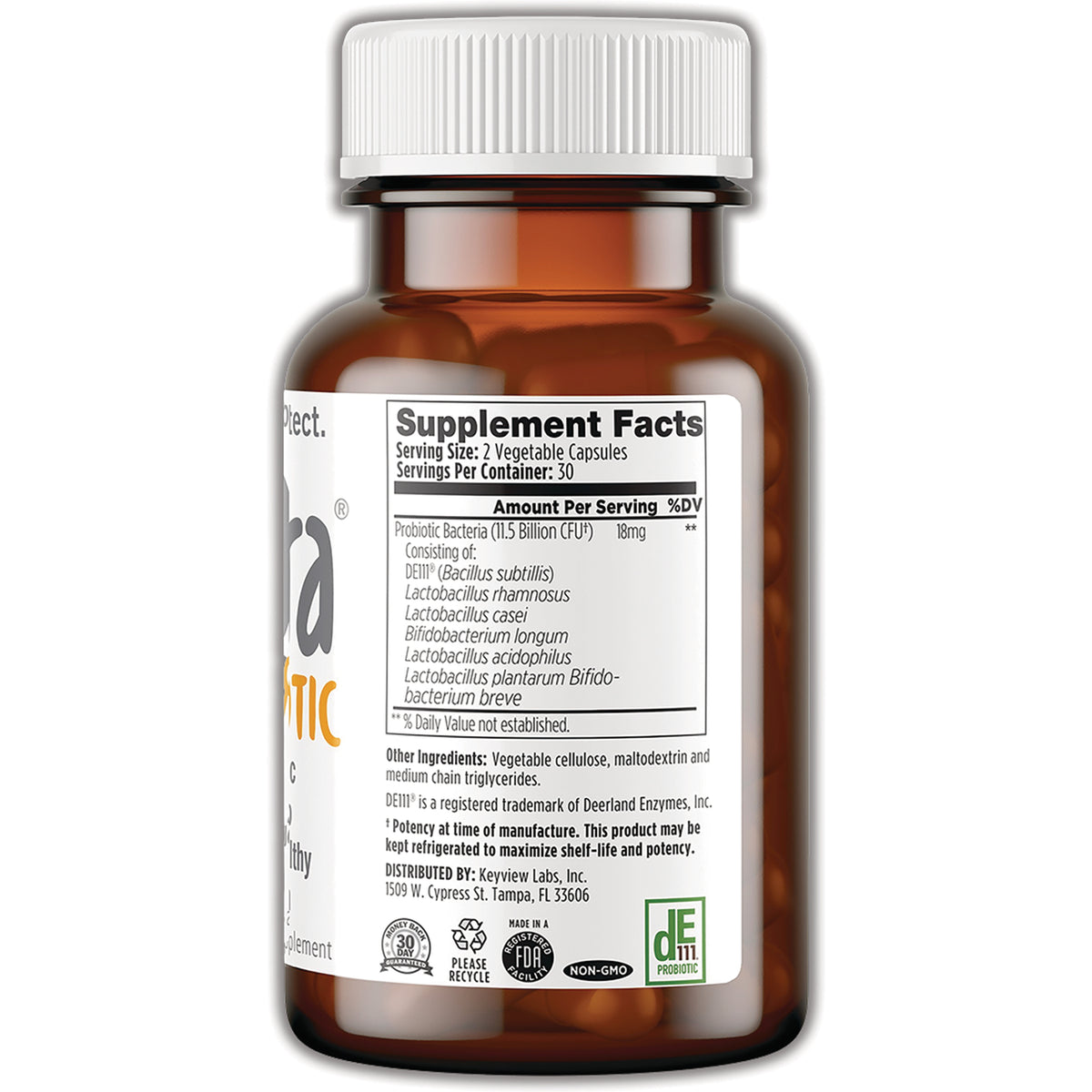 PRC011 | Back of amber supplement bottle showing Supplement Facts label and ingredients panel