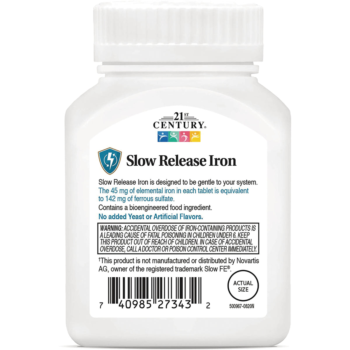 CNT270 | Back label of white 21st Century Slow Release Iron bottle showing product description, warning box and barcode