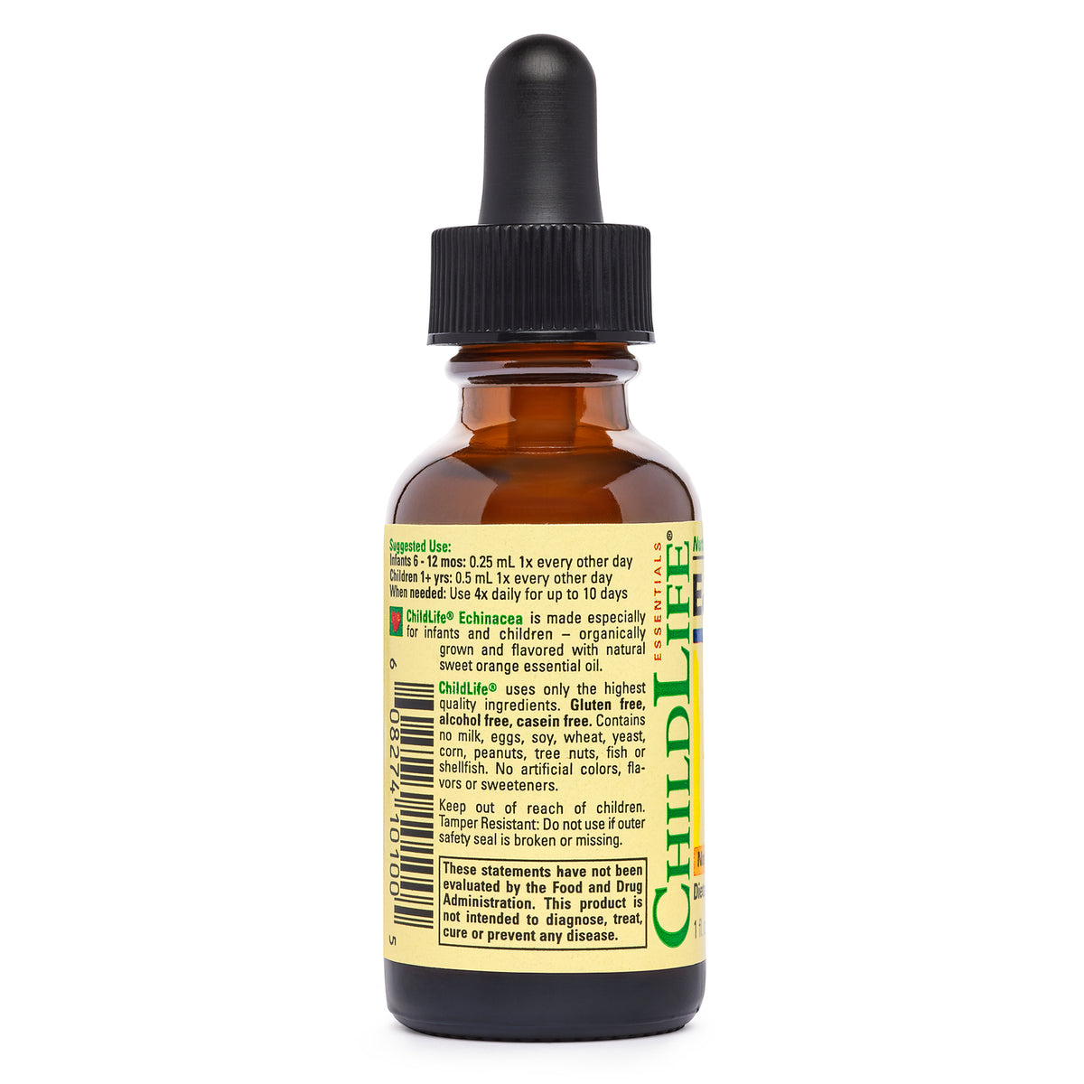 CHL006 | amber dropper bottle showing back label with ingredients, warnings, barcode and ChildLife branding