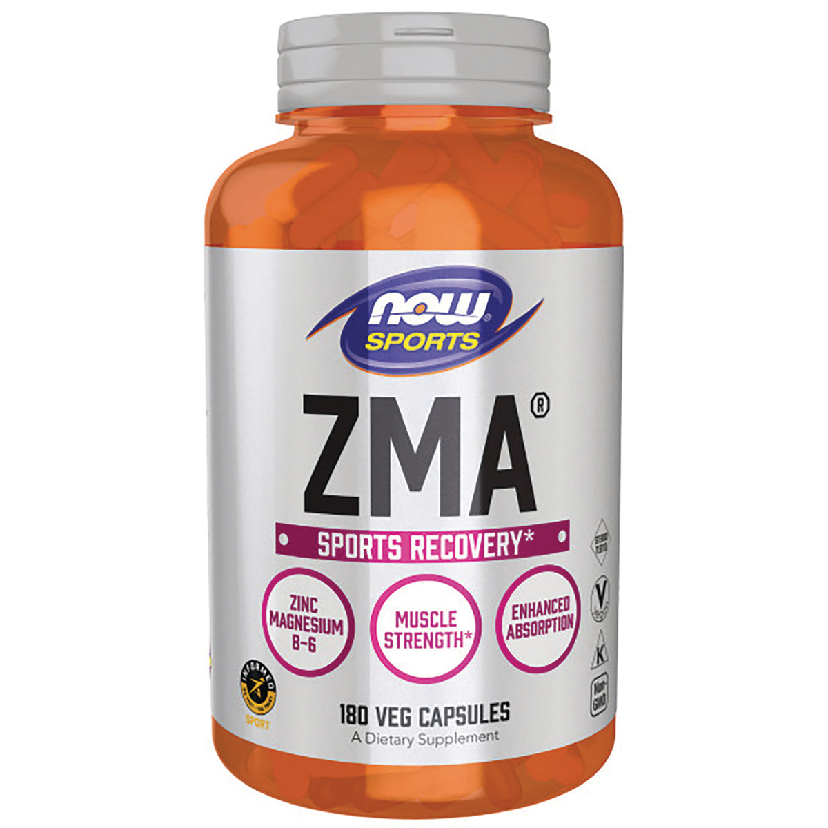 NWF1183 | NOW Sports ZMA Sports Recovery bottle showing label and 180 veg capsules