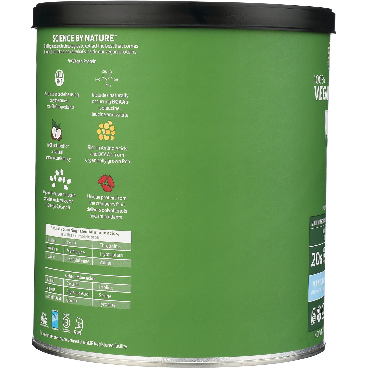 CRL603 | Back of green protein powder can showing ingredient icons and an amino acid table