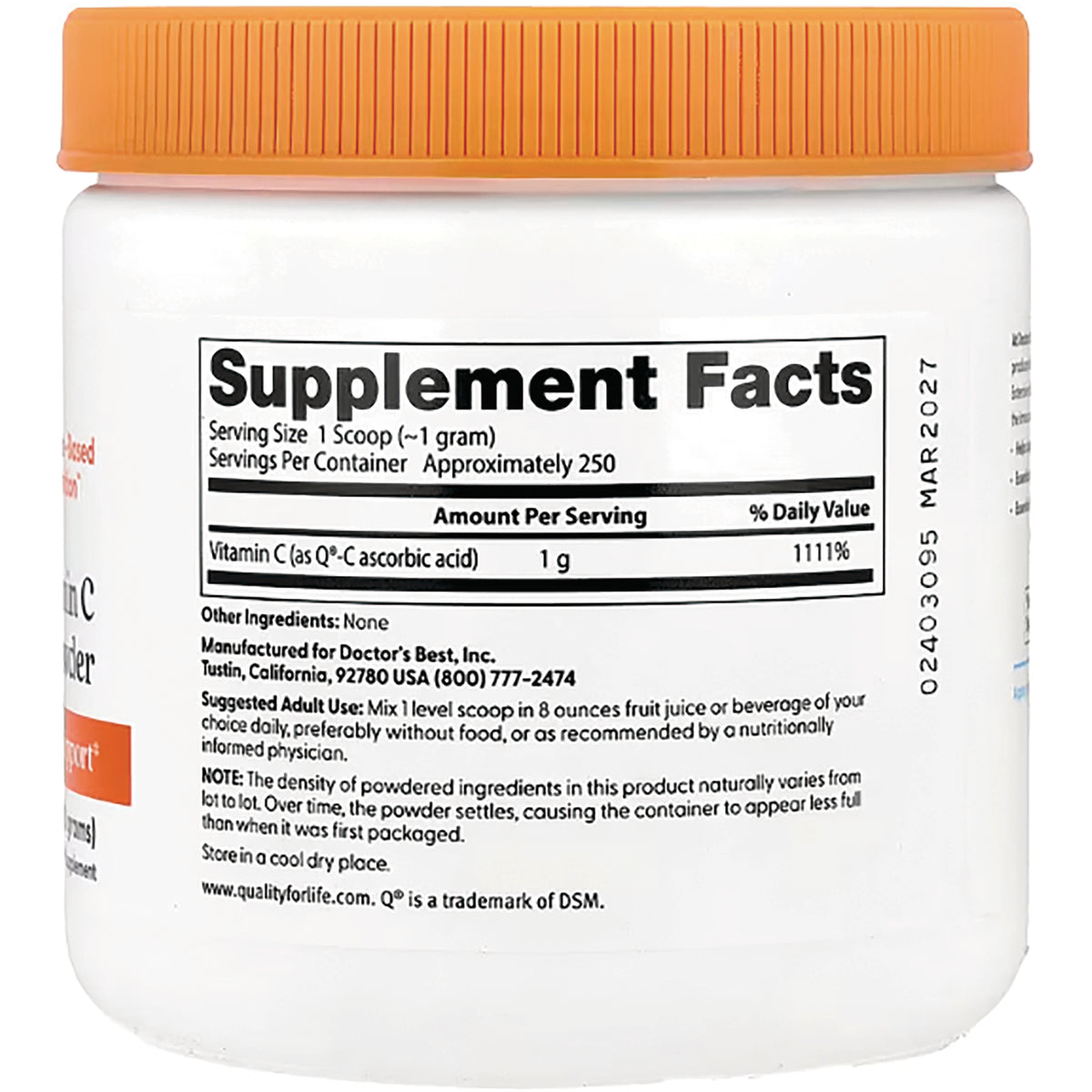 DB222 | Back label of white supplement jar showing Supplement Facts panel listing Vitamin C 1 g and manufacturer info