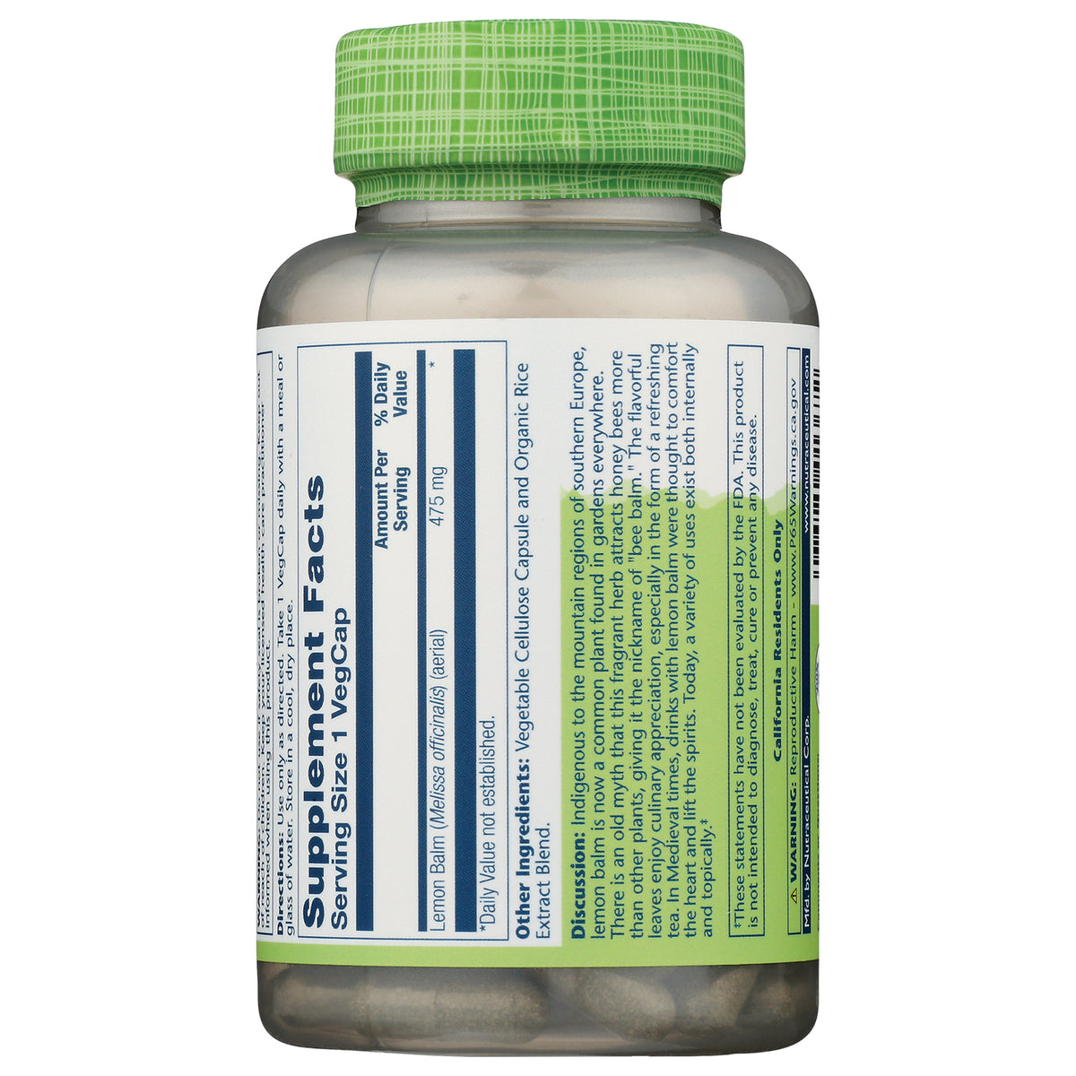 SLR369 | Back of supplement bottle showing Supplement Facts panel, ingredients and usage text, clear bottle with green cap
