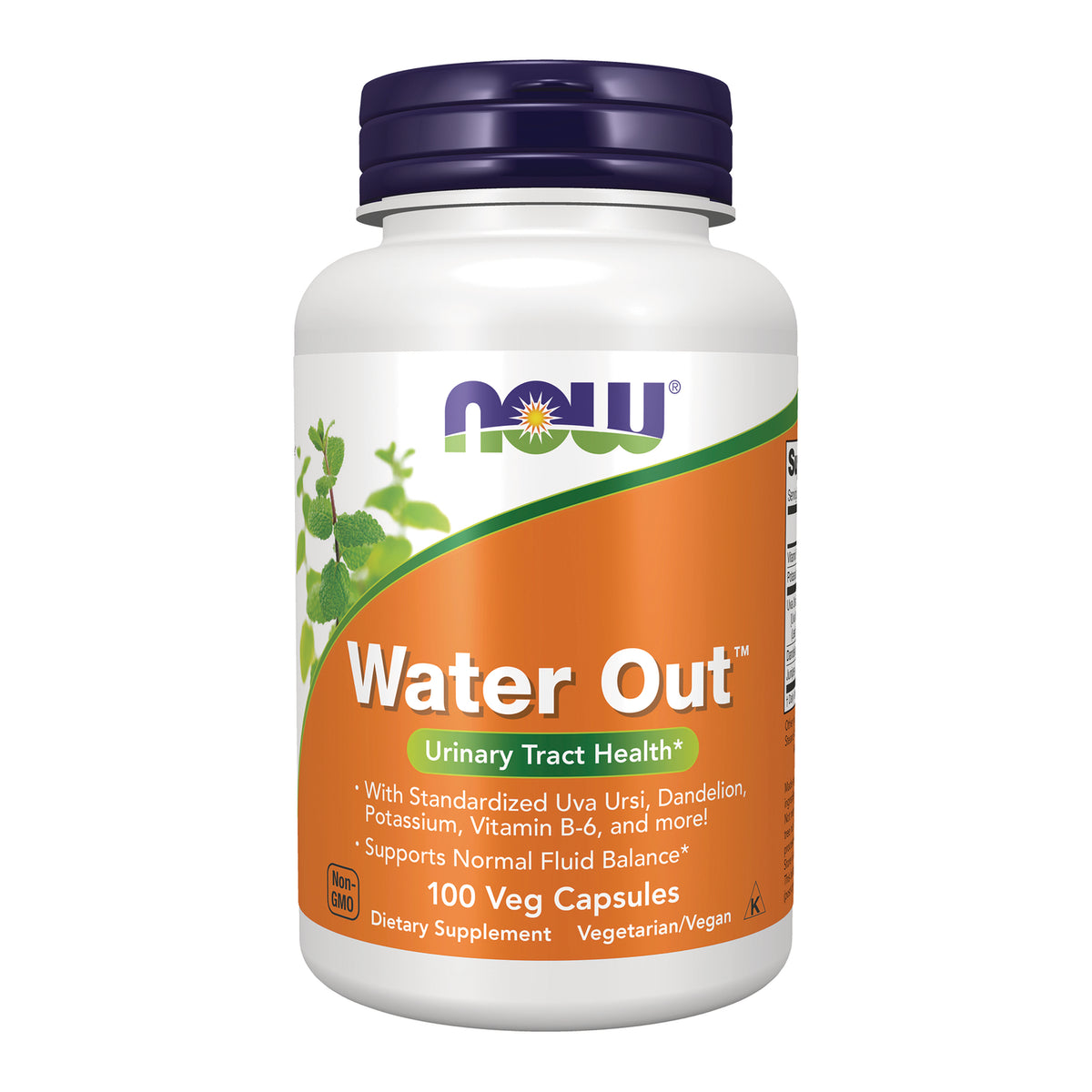 NWF718 | NOW Water Out supplement bottle, orange label reading Water Out and Urinary Tract Health, 100 Veg Capsules