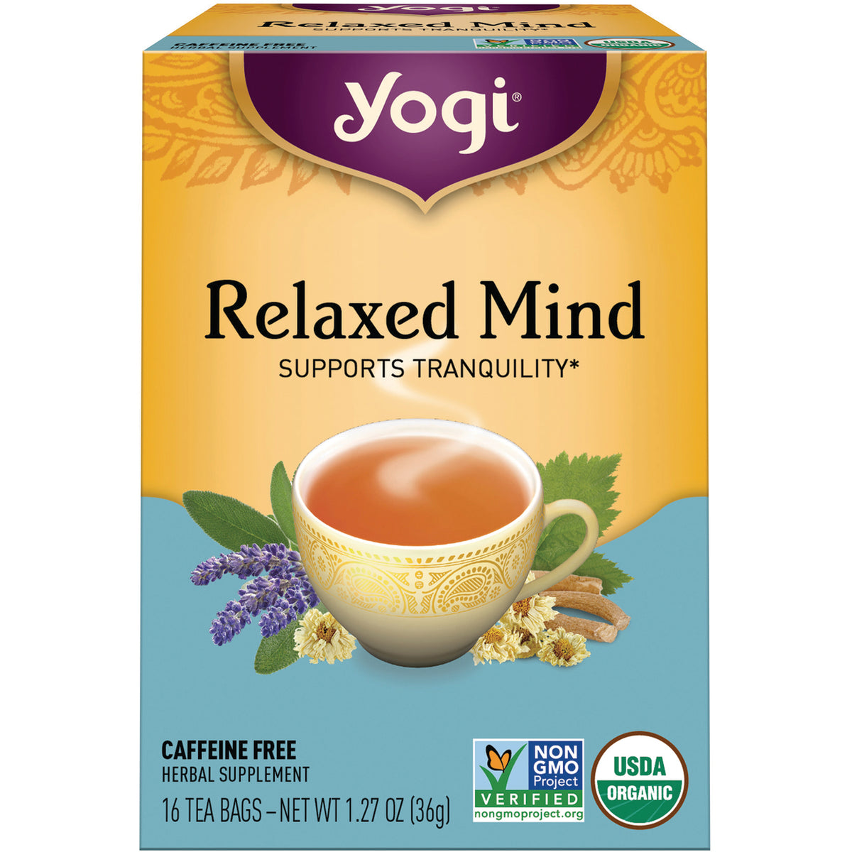 AHW036 | Yogi Relaxed Mind tea, caffeine free, 16 tea bags; USDA Organic and Non-GMO Project Verified