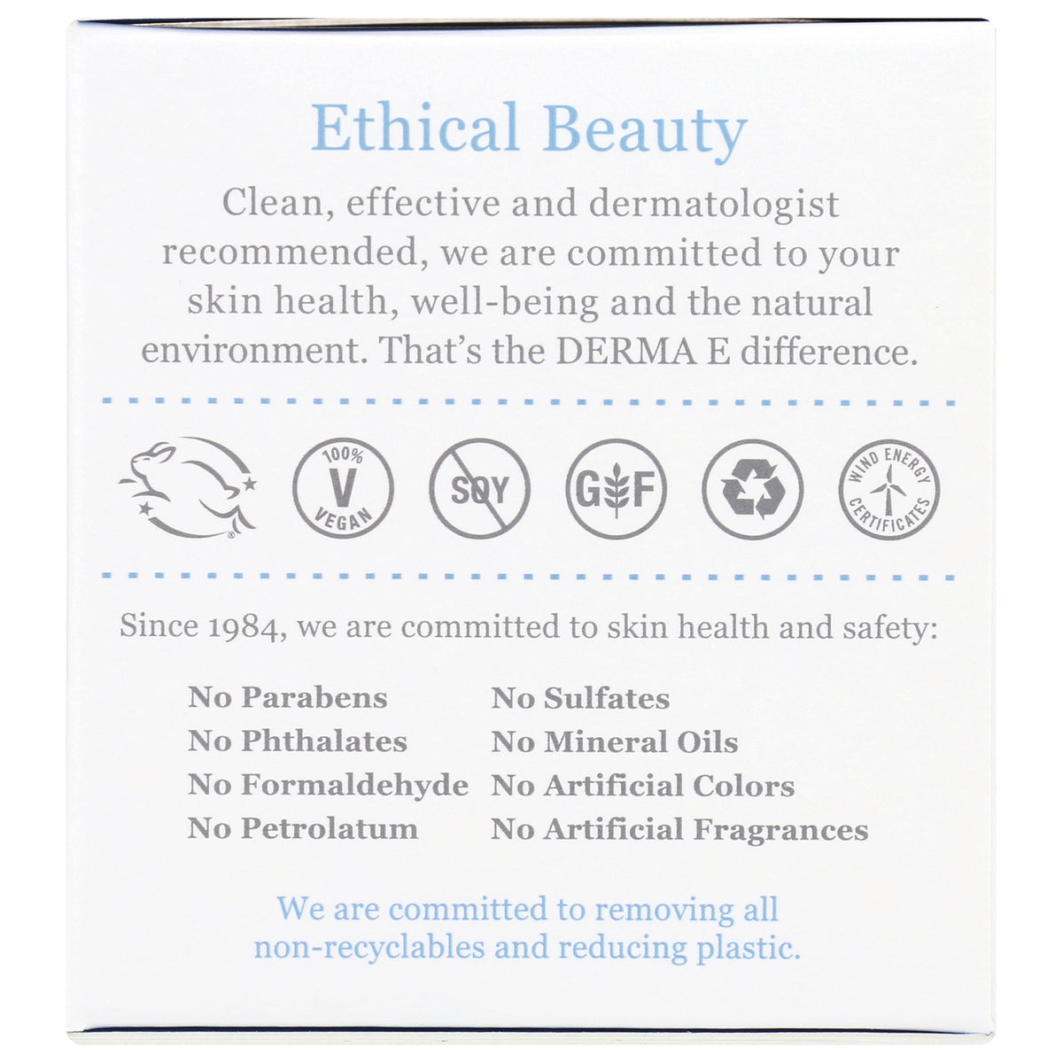 DE036 | Packaging panel titled Ethical Beauty with vegan and recyclable icons and list of no parabens sulfates phthalates