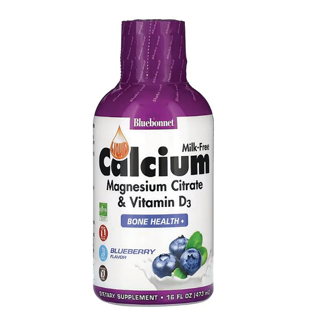 BLU089 | Bluebonnet calcium magnesium citrate and vitamin D3 liquid supplement, blueberry flavor, front view - Thumbnail