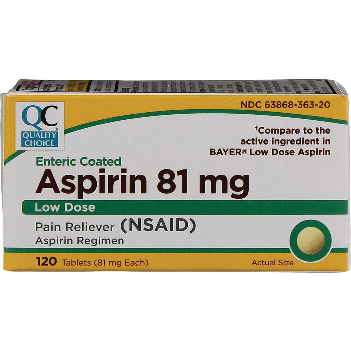 QCH023 | Front box of Quality Choice enteric coated Aspirin 81 mg low dose, 120 tablets