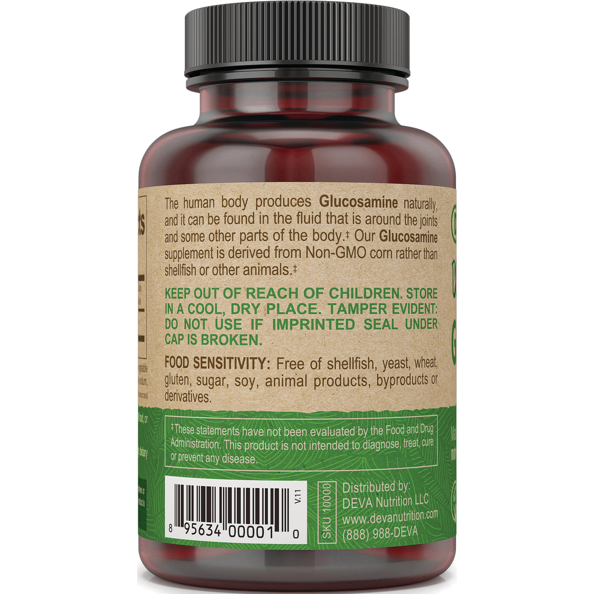 DEV021 | back label of brown supplement bottle showing warnings, food sensitivity information and barcode