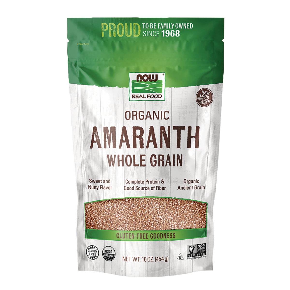 NWF1384 | NOW Real Food organic amaranth whole grain pouch with window showing grains, 16 oz