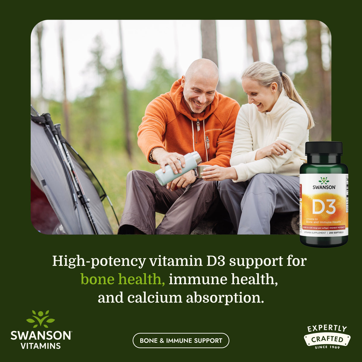 SW1371 | Couple camping outdoors with Swanson Vitamin D3 supplement and bone and immune support messaging