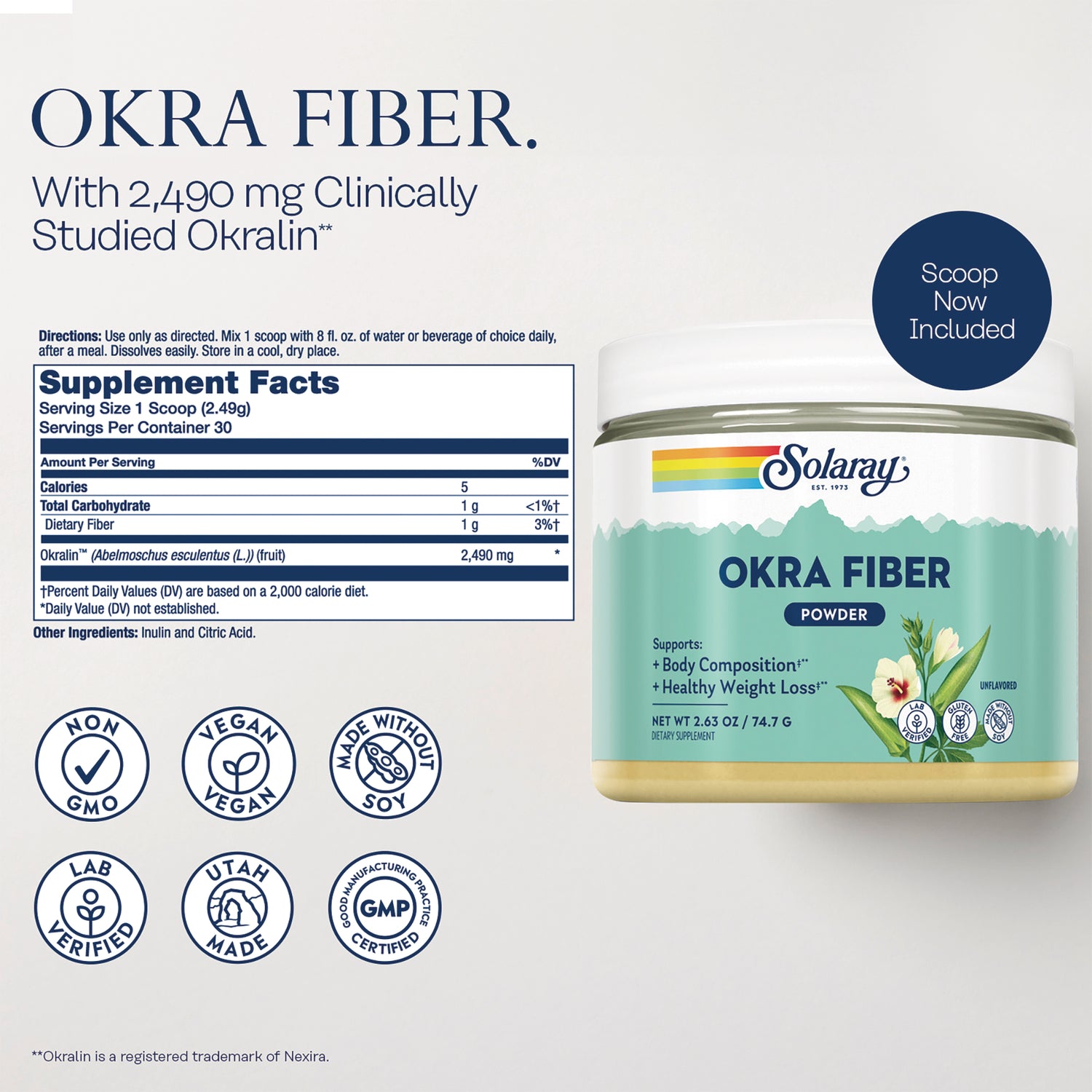 SLR546 | Okra Fiber powder back label with Supplement Facts; vegan, non-GMO, made without soy; scoop included