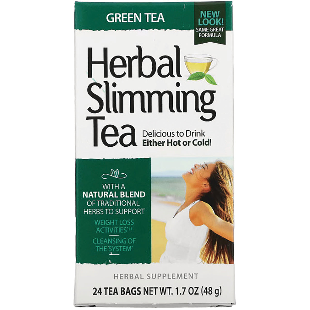 CNT149 | Herbal Slimming Tea green tea box showing product name, 24 tea bags and woman on beach