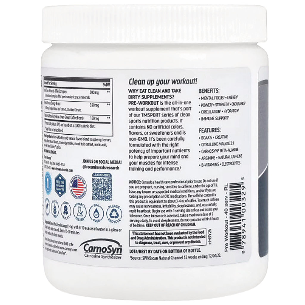 TM063 | Back label of pre-workout supplement tub showing Supplement Facts, benefits, features, and barcode - Thumbnail