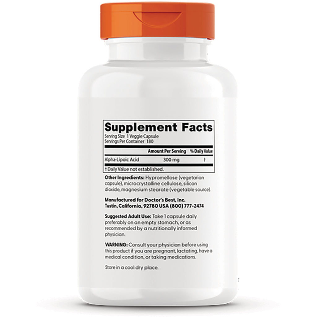 DB197 | Back of white supplement bottle showing Supplement Facts label with Alpha-Lipoic Acid 300 mg and ingredients - Thumbnail