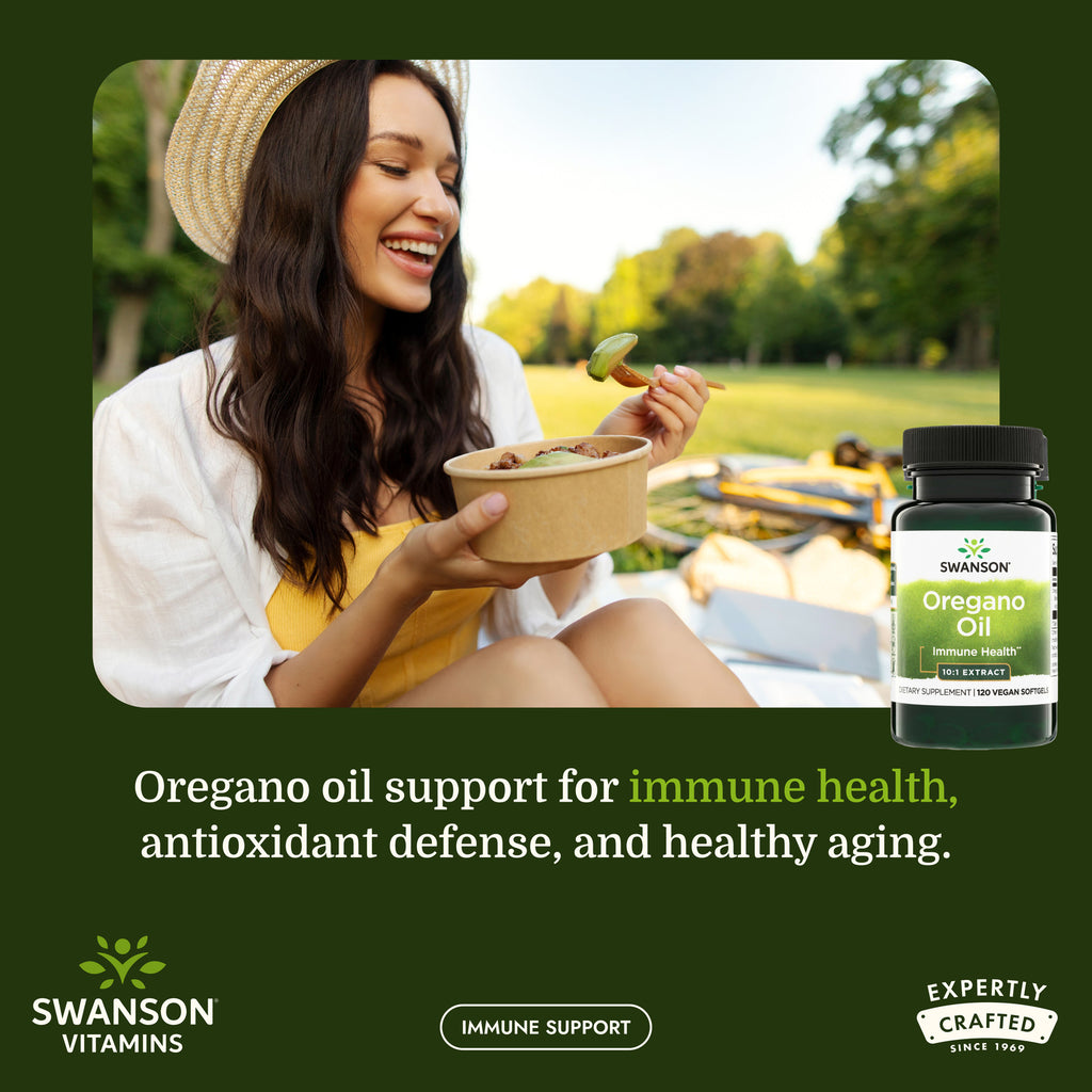 SW1016 | Swanson Oregano Oil bottle with infographic Concentrated Digestive Health Aid listing benefits beside a smiling woman - Thumbnail