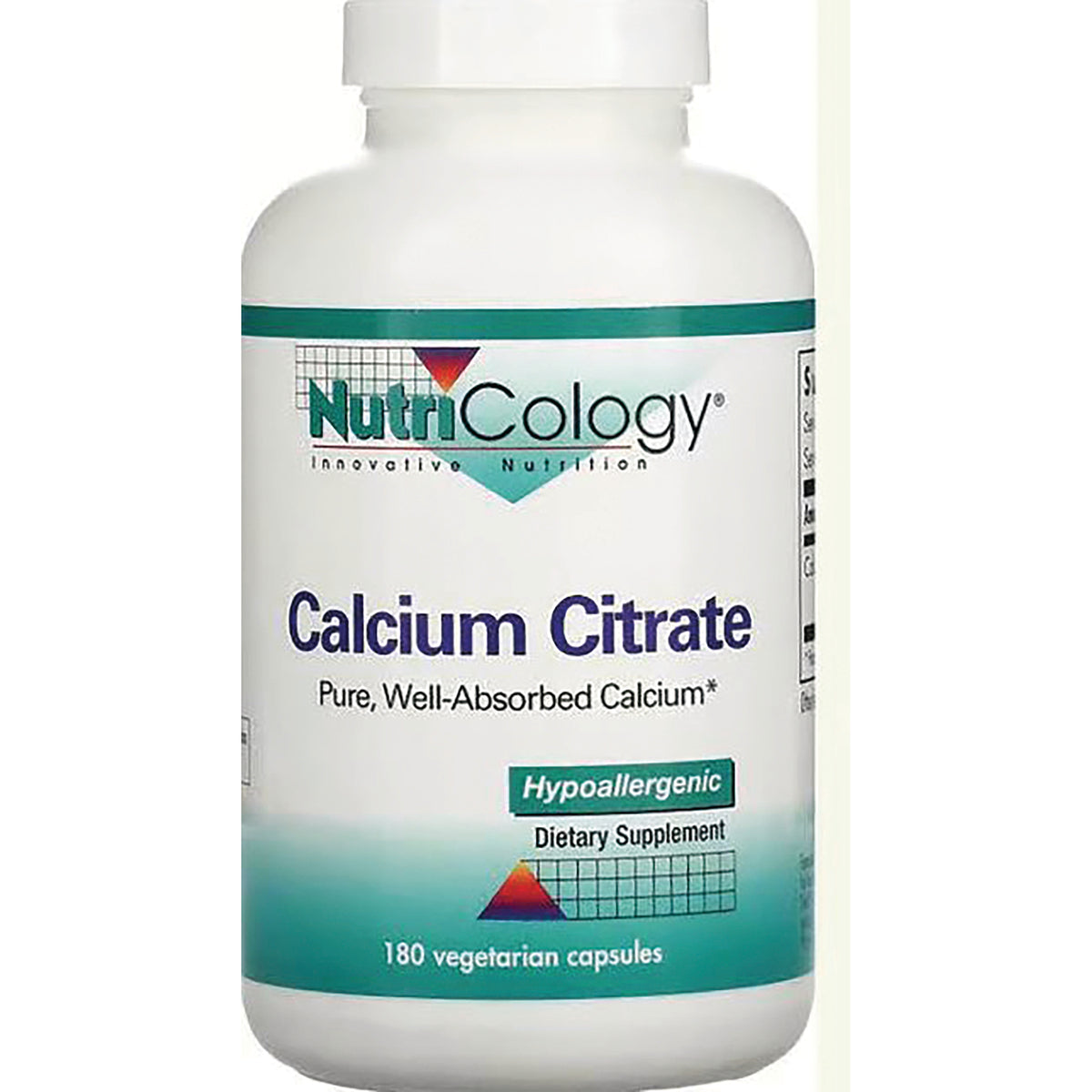 NCL017 | NutriCology Calcium Citrate bottle front label, hypoallergenic dietary supplement, 180 vegetarian capsules
