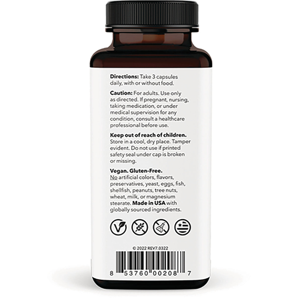 LSS003 | back label of supplement bottle showing Directions Take 3 capsules daily, vegan gluten-free claims, icons and barcode