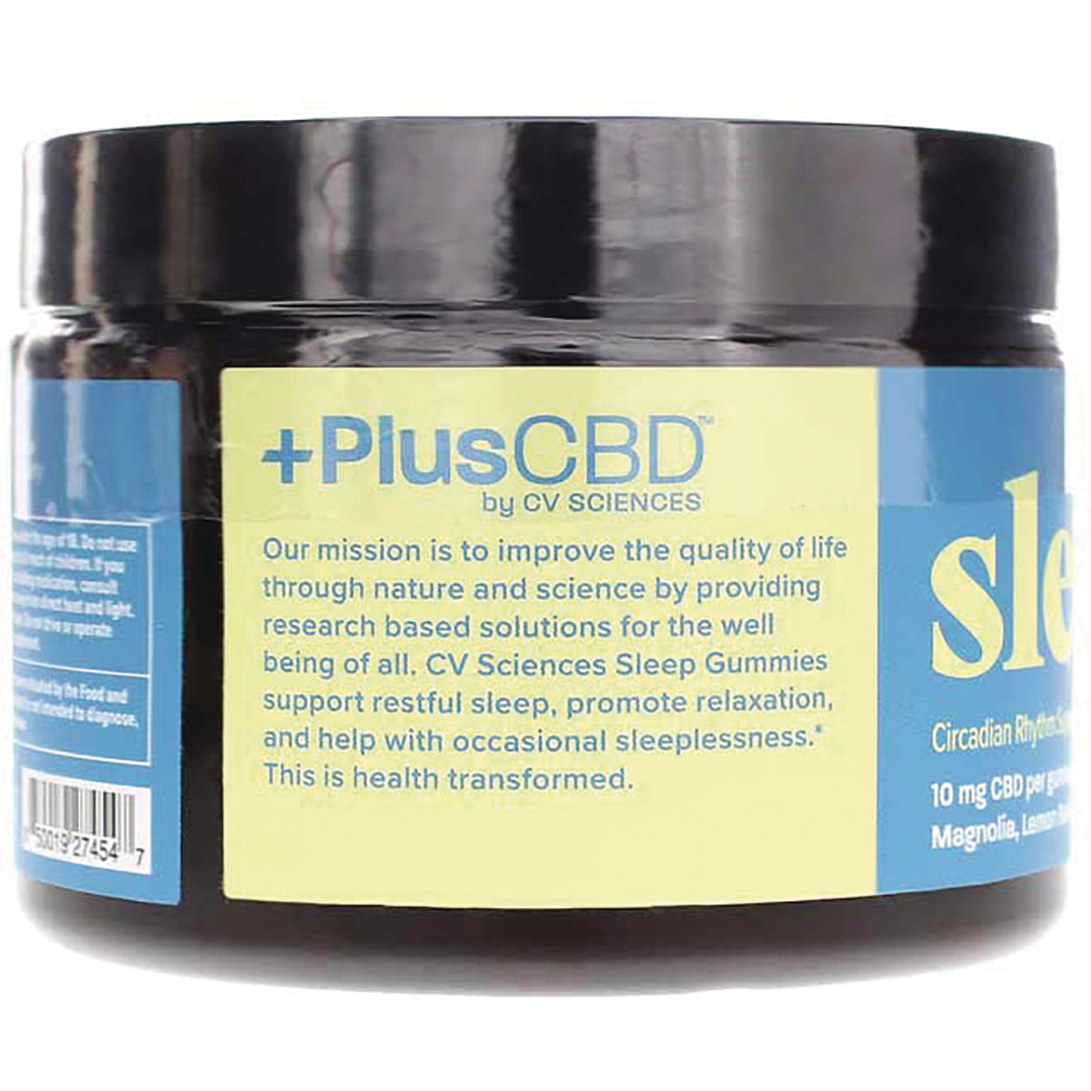 CV044 | PlusCBD by CV Sciences sleep gummies jar label with mission text and product benefits