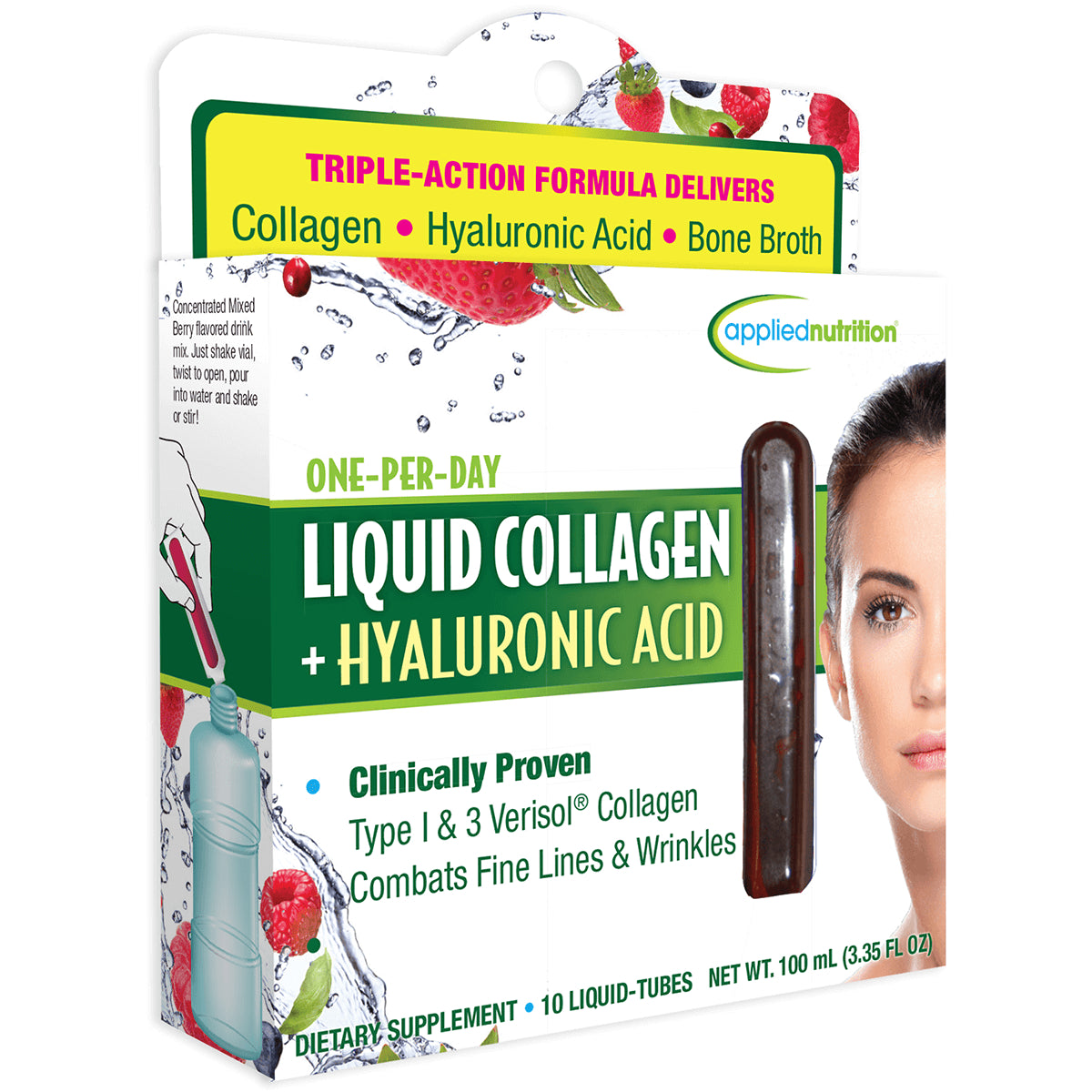 APT014 | Applied Nutrition One-Per-Day Liquid Collagen + Hyaluronic Acid, 10 liquid tubes, berry flavor