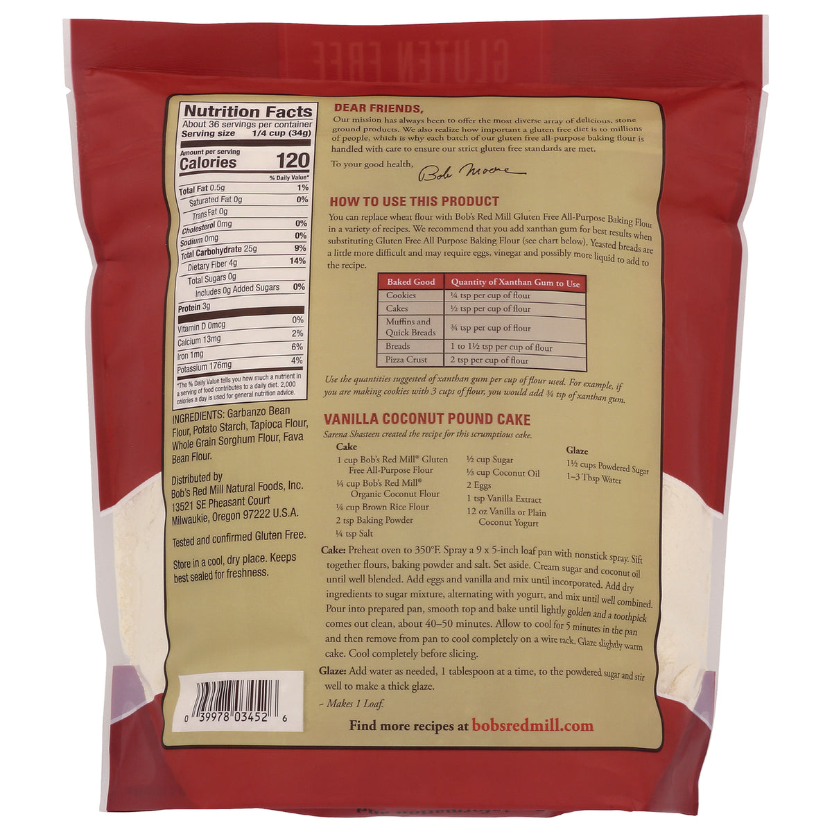 BOB307 | Back of package showing nutrition facts, ingredients and vanilla coconut pound cake recipe