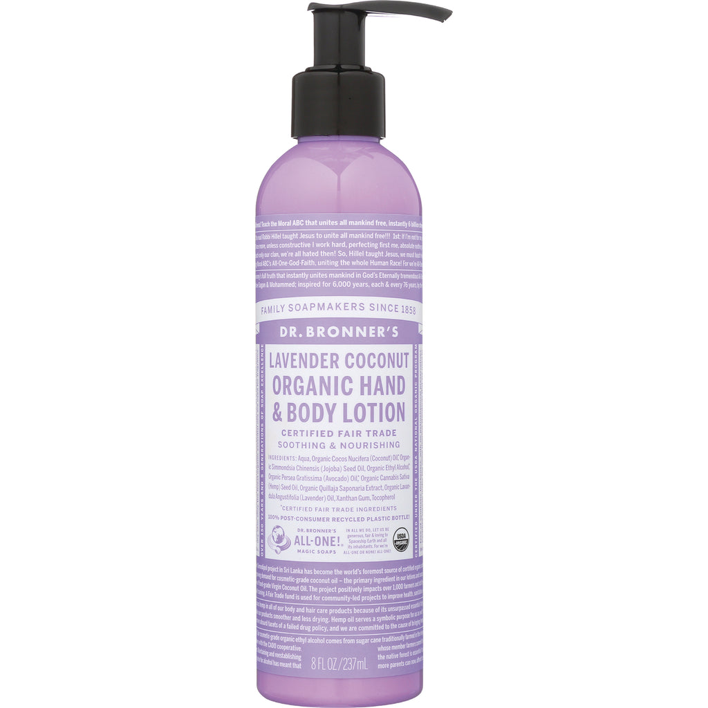 DRB034 | Dr. Bronner's lavender coconut organic hand and body lotion in tall purple pump bottle, 8 fl oz - Thumbnail