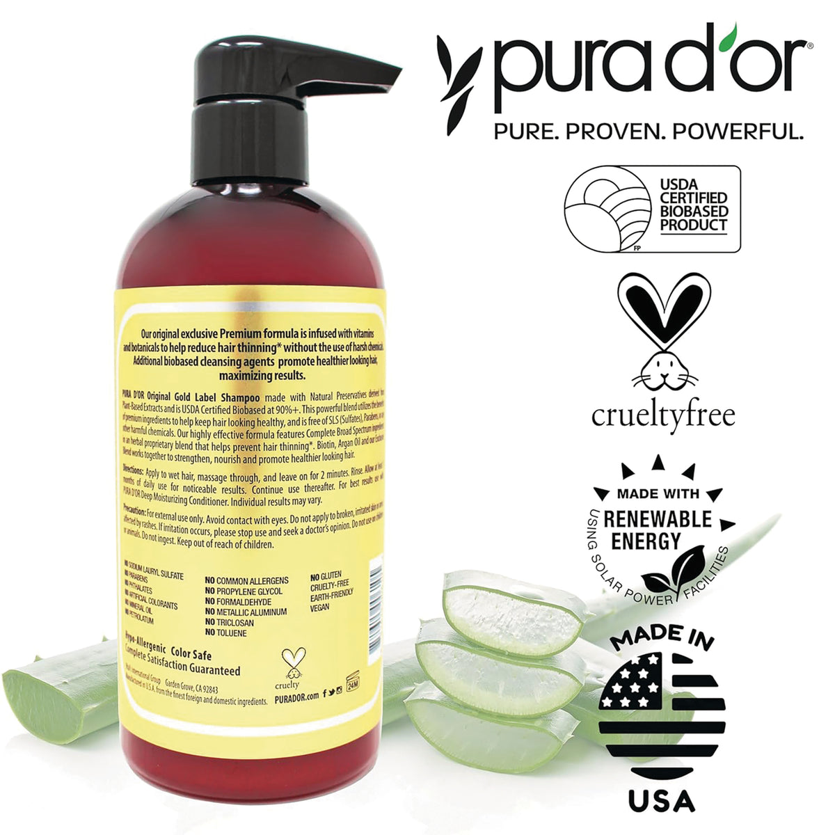 PDO005 | Back label of red pump shampoo bottle with ingredient text, aloe slices, and certification icons