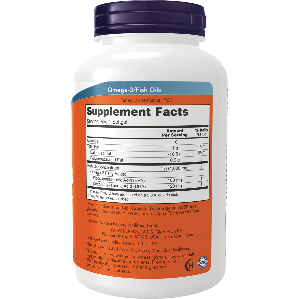 NWF071 | Back of white supplement bottle showing Supplement Facts panel for Omega-3/Fish Oils, serving size 1 softgel