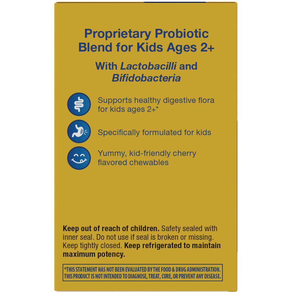 NW565 | Back panel stating Proprietary Probiotic Blend for Kids Ages 2+, benefits for ages 2+, cherry chewables, keep refrigerated to maintain potency - Thumbnail