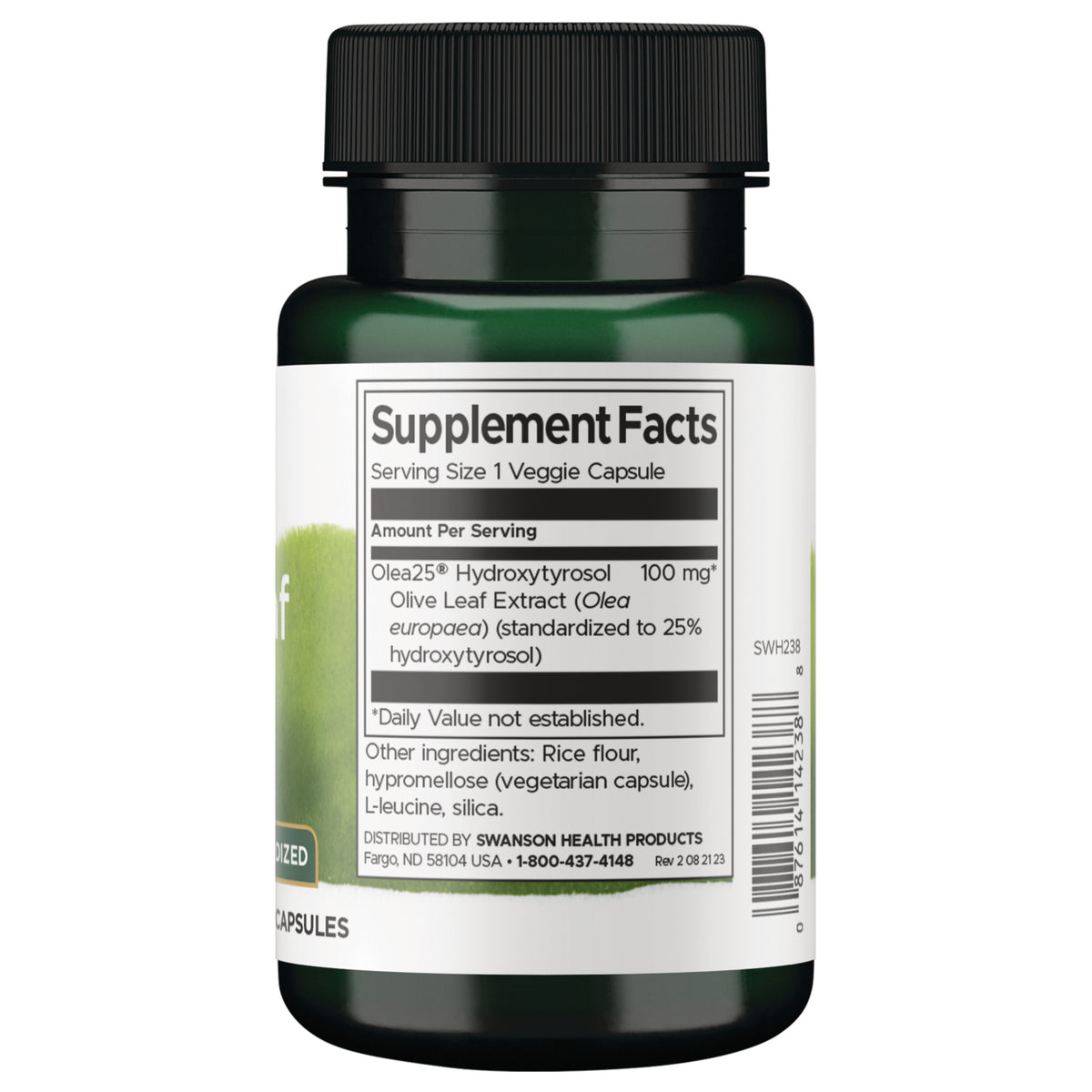 SWH238 | Supplement Facts panel for Olea25 Hydroxytyrosol Olive Leaf Extract, serving size 1 veggie capsule, 100 mg