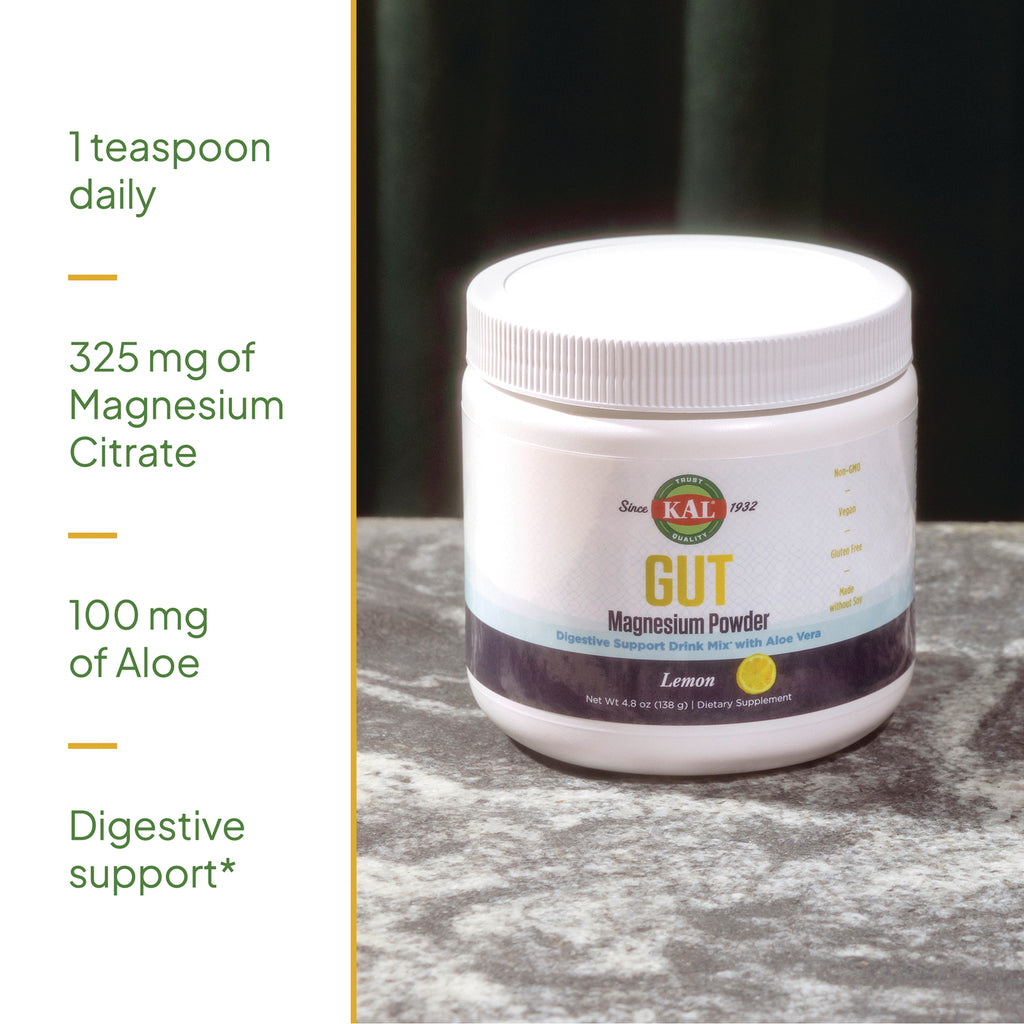 KL591 | KAL GUT Magnesium Powder Lemon jar with benefits: 1 teaspoon daily; 325 mg magnesium citrate; 100 mg aloe; digestive support - Thumbnail