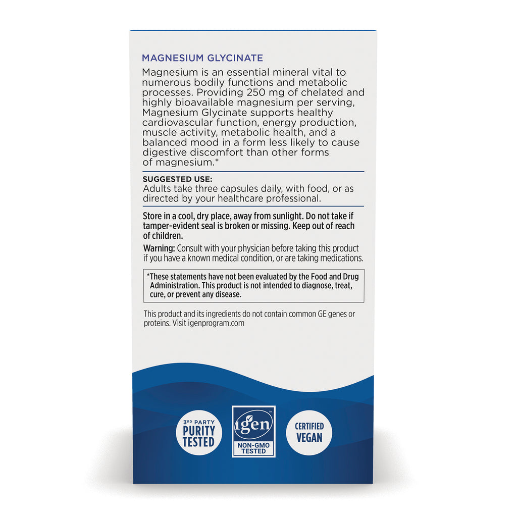 NRN141 | Back panel of Magnesium Glycinate box showing suggested use, storage and warning text plus purity, non-GMO, certified vegan seals - Thumbnail