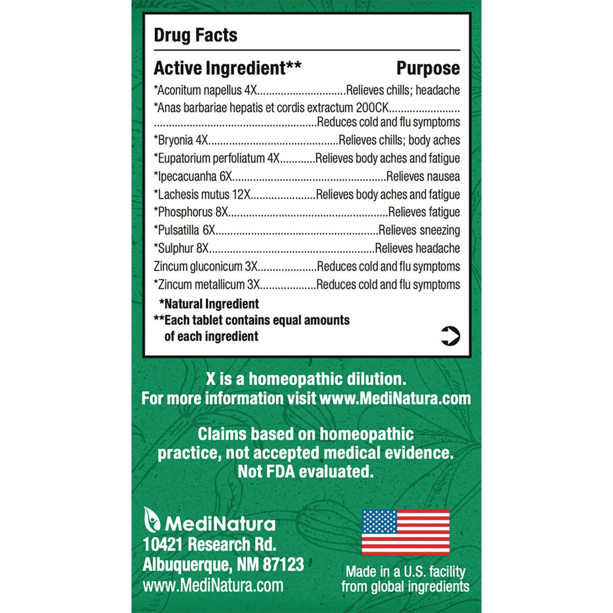 MNA036 | Back of green MediNatura box showing drug facts panel with active ingredients list and small US flag