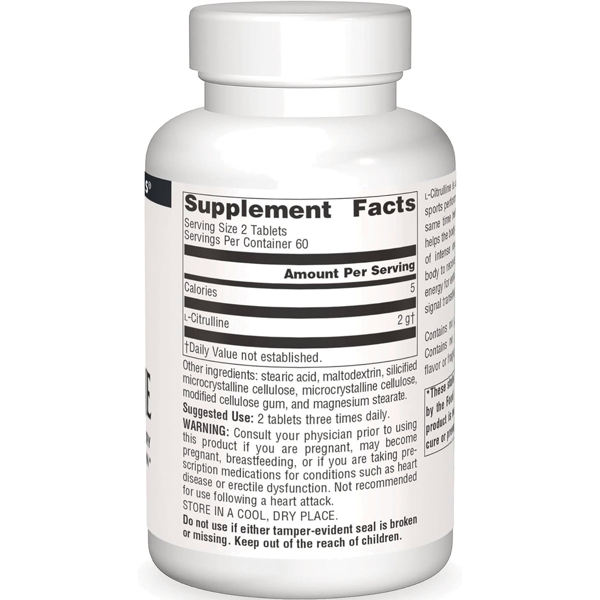 SN673 | Supplement bottle back label with Supplement Facts, ingredients, suggested use, and warning text