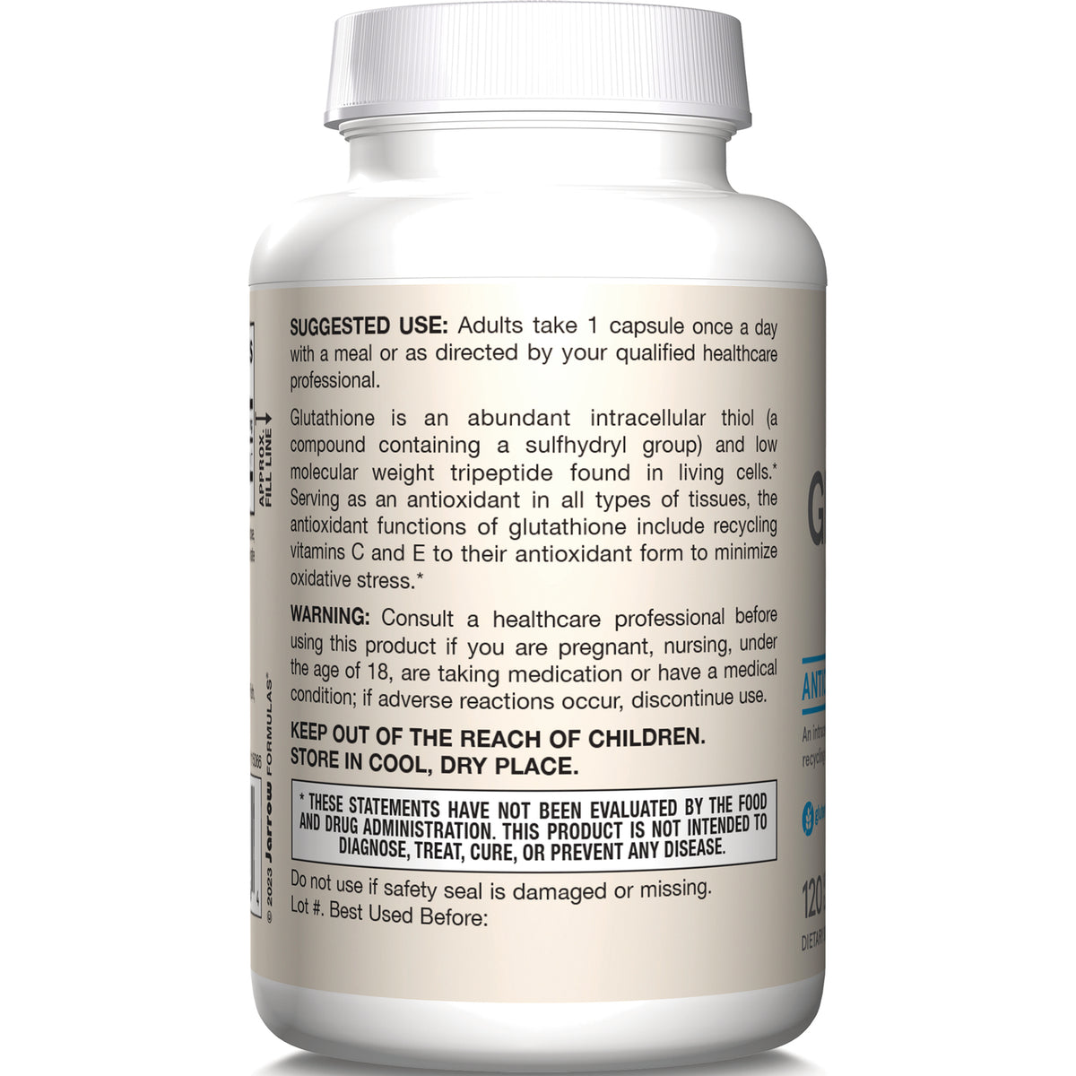 JR319 | back label of white supplement bottle showing suggested use, warning, and storage instructions