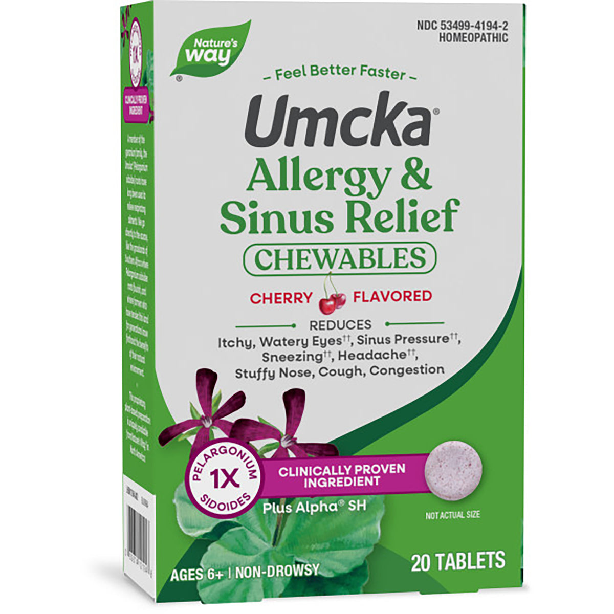 NW1053 | Nature's Way Allergy + Sinus Relief chewables Umcka cherry flavored 20 tablets front of box