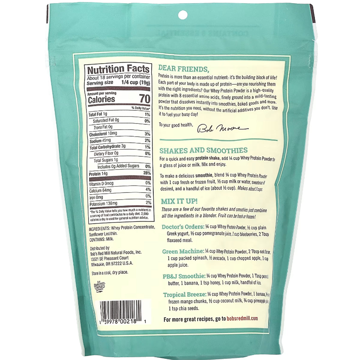 BOB134 | Nutrition Facts panel and ingredient list for whey protein concentrate showing serving size, calories, macros and minerals