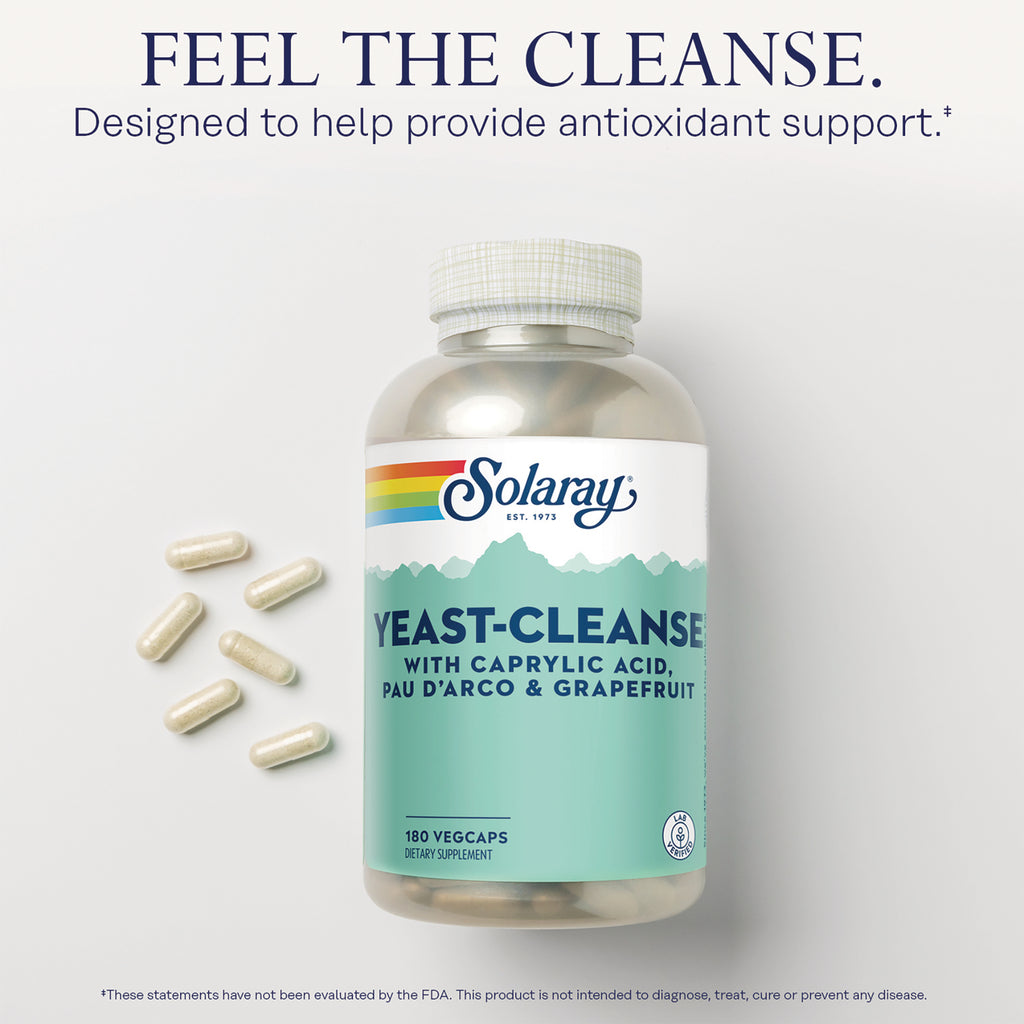 SLR271 | Solaray Yeast-Cleanse supplement bottle with scattered capsules and headline FEEL THE CLEANSE - Thumbnail