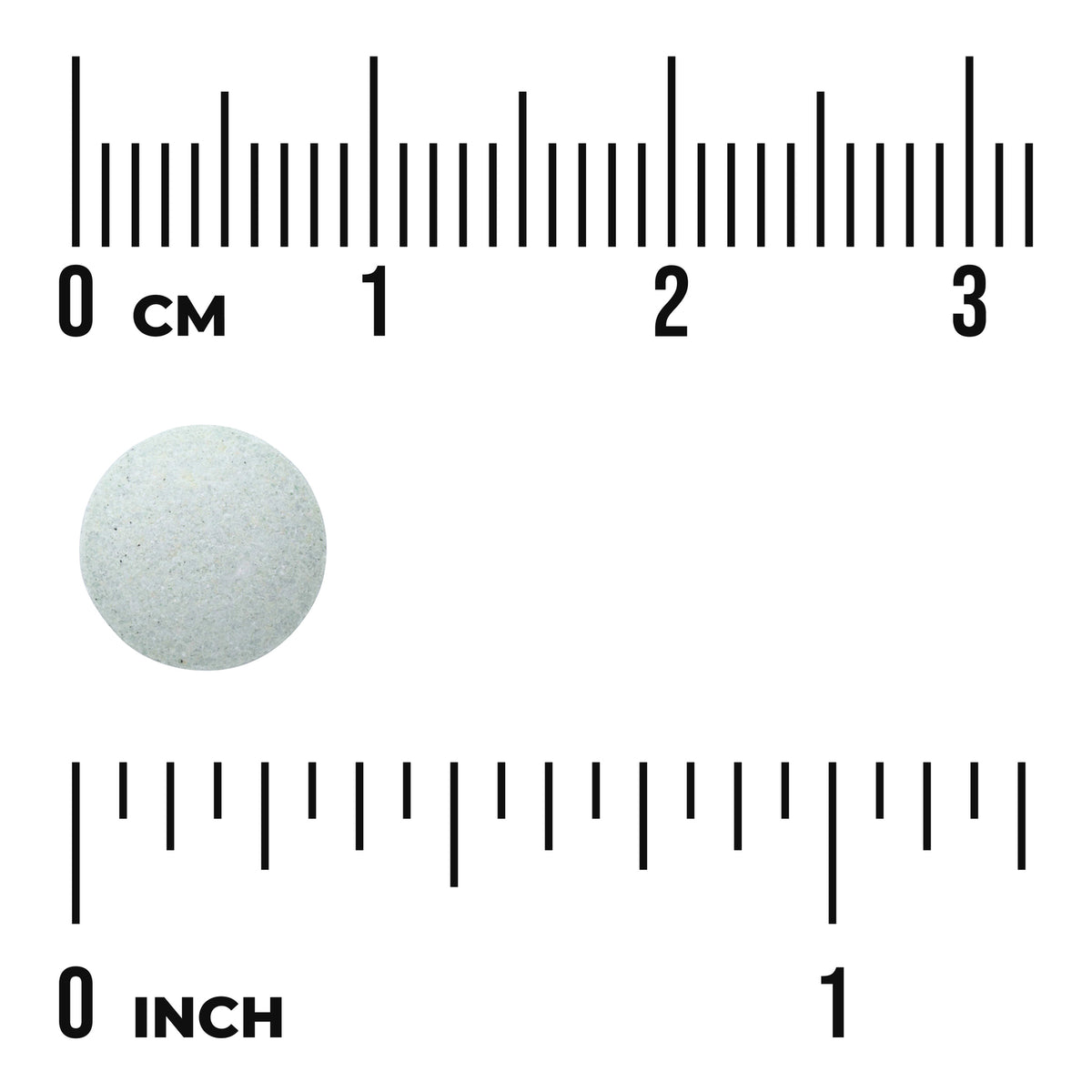 SWU374 | White round tablet shown next to centimeter and inch rulers labeled 0 cm and 0 inch