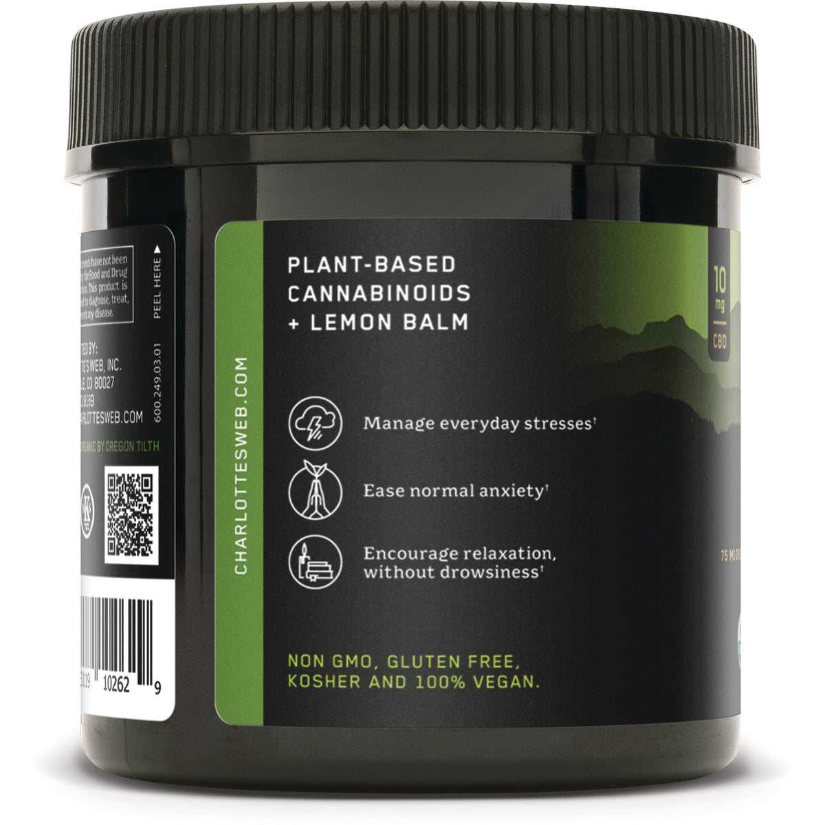 CHW015 | jar side label reading PLANT-BASED CANNABINOIDS + LEMON BALM, icons with benefits and NON GMO, gluten free, 100% vegan