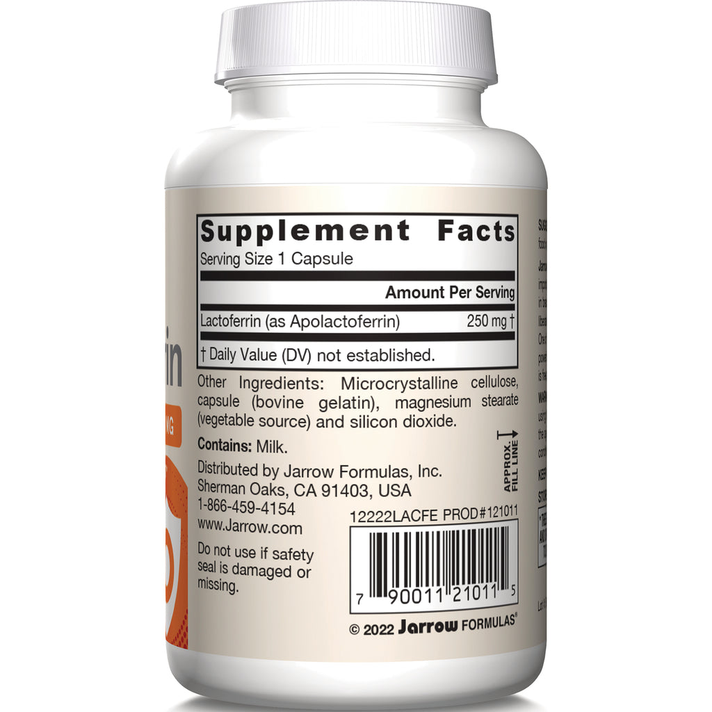 JR321 | Supplement Facts label listing Lactoferrin 250 mg, other ingredients, barcode and distributor information - Thumbnail