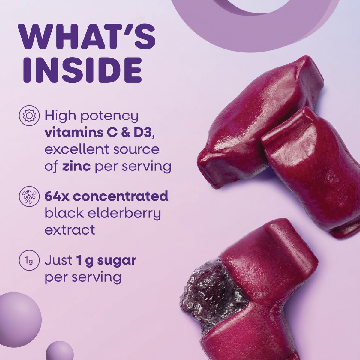 NW1072 | Product infographic listing vitamins C & D3, zinc, 64x concentrated black elderberry, 1 g sugar with berry gummies