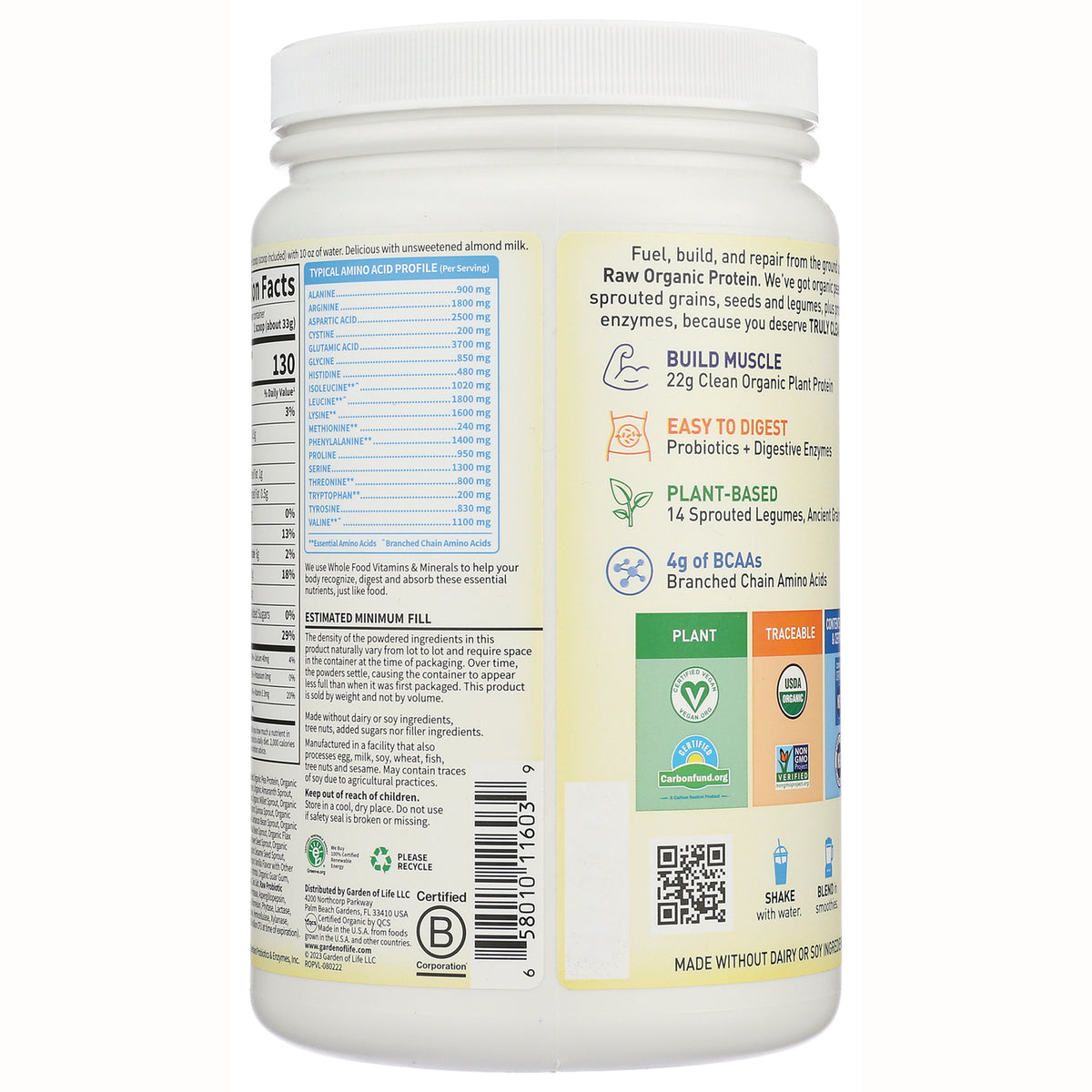 GLF145 | Back of protein powder tub showing nutrition facts, amino acid profile, barcode, QR code, and benefit icons