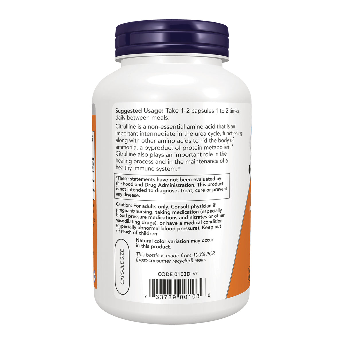 NWF830 | Back of white supplement bottle showing suggested usage, caution and FDA disclaimer text and barcode