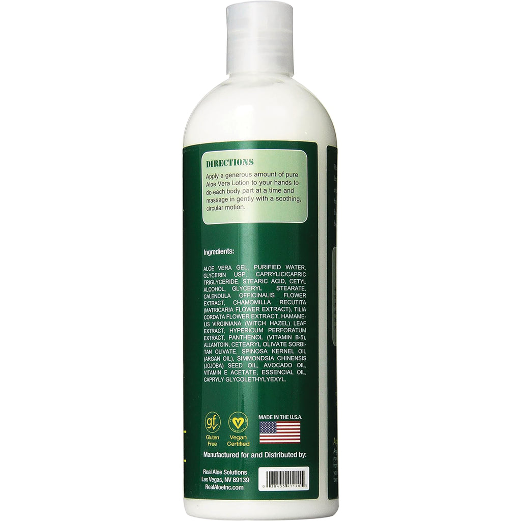 RA013 | Back of white lotion bottle showing directions, ingredients list, gluten free and vegan icons and Made in the U.S.A. flag - Thumbnail