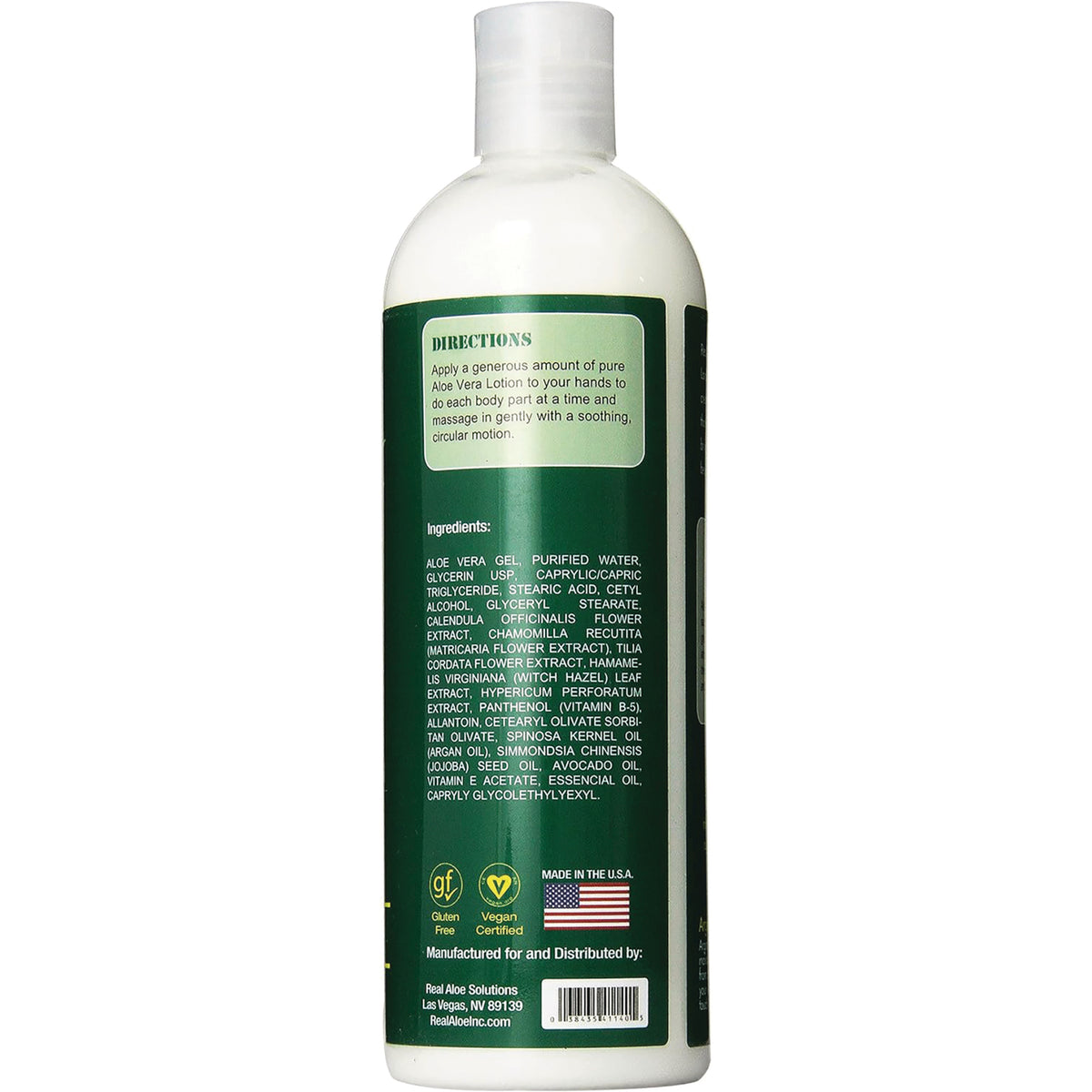 RA013 | Back of white lotion bottle showing directions, ingredients list, gluten free and vegan icons and Made in the U.S.A. flag