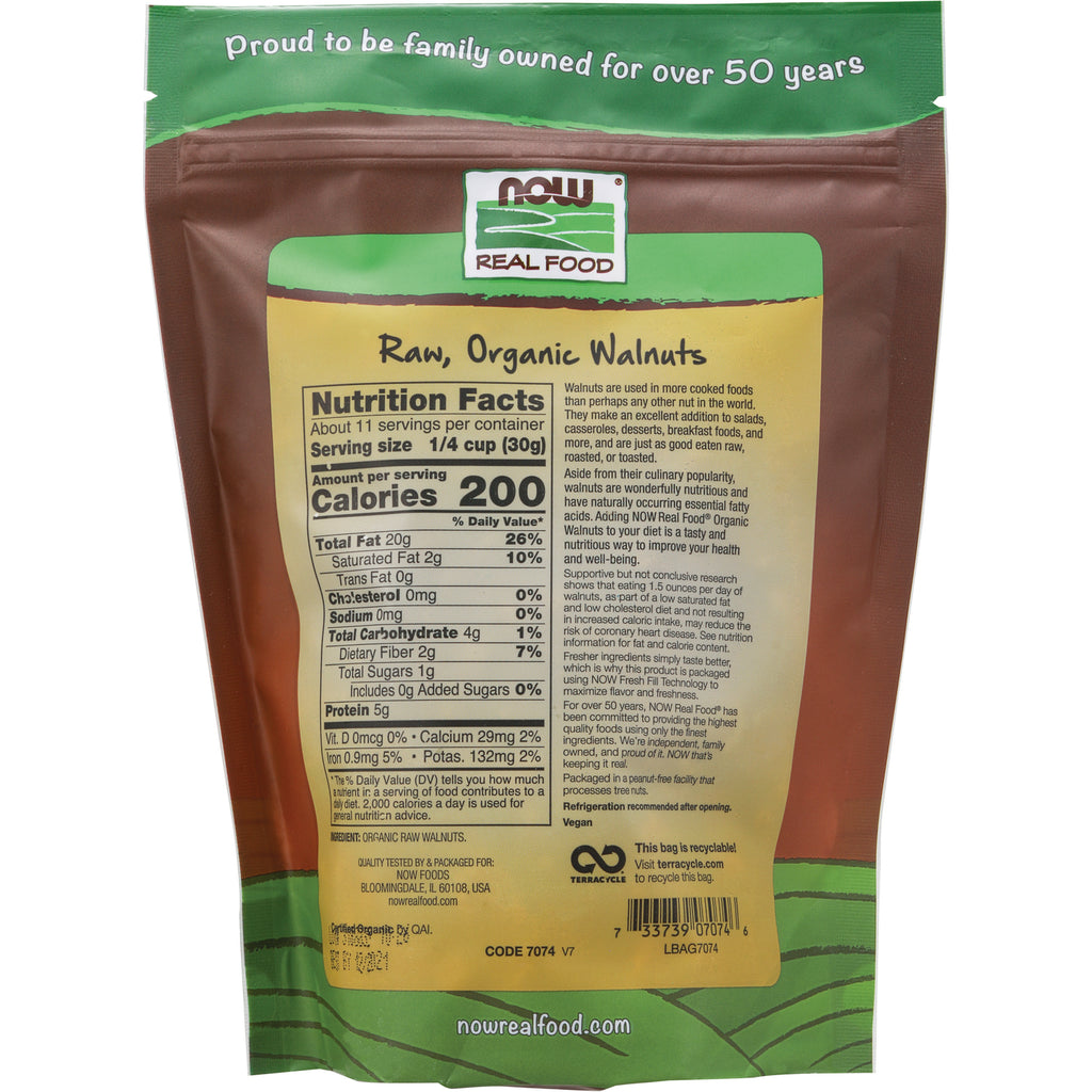 NWF920 | Back of NOW Real Food Raw, Organic Walnuts pouch showing Nutrition Facts panel and barcode - Thumbnail