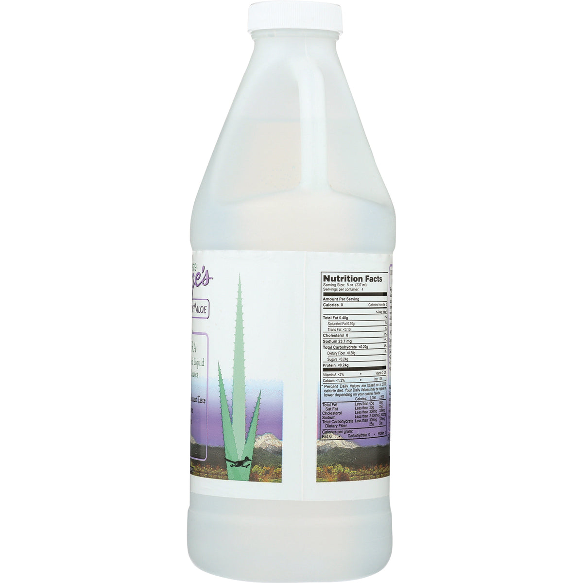 Back label of a gallon bottle showing nutrition facts panel and aloe plant illustration