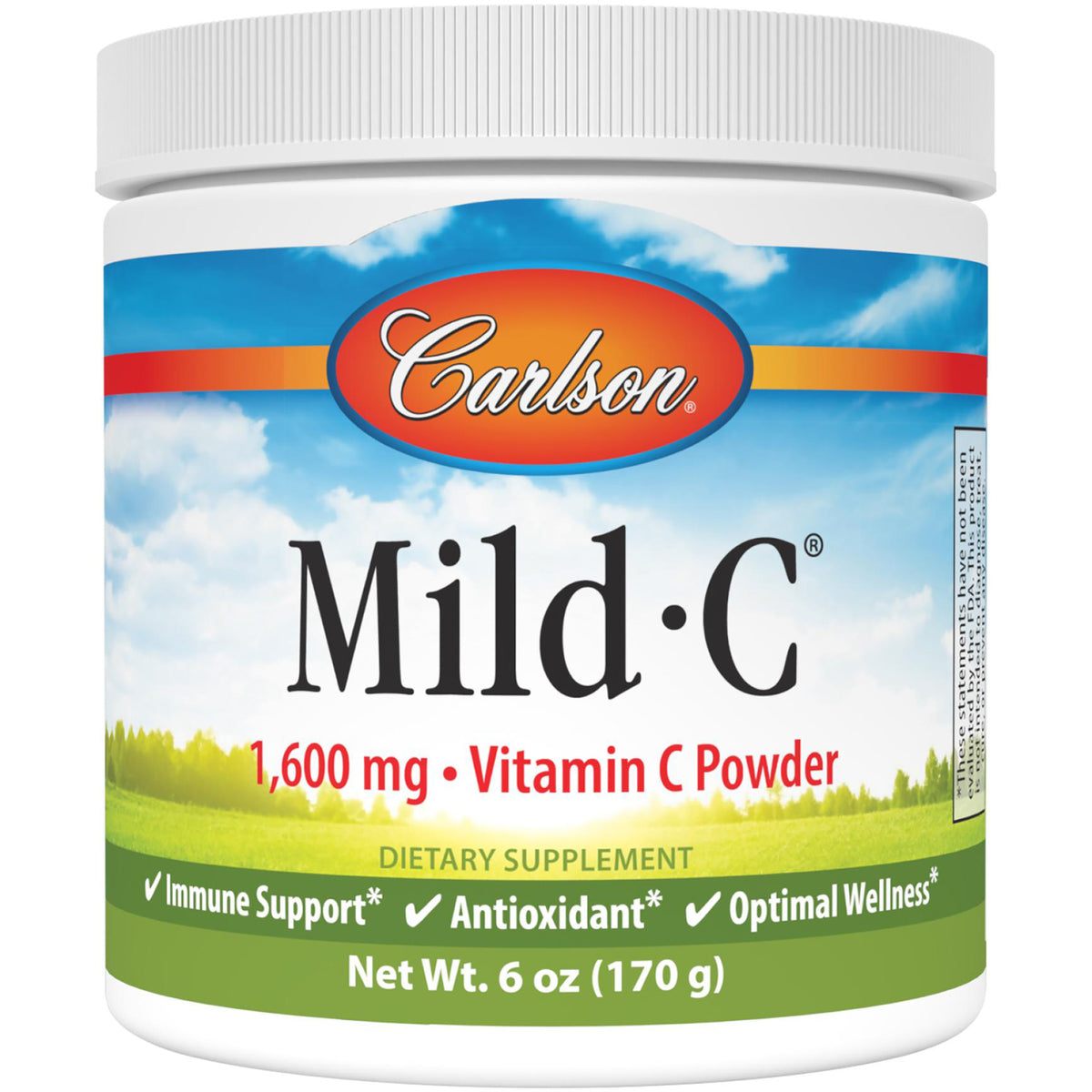 CSN030 | Carlson Mild-C Vitamin C Crystals white jar front label showing product name and net wt 6 oz (170 g)