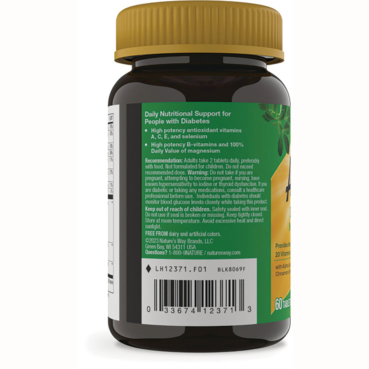 NW1044 | back of amber supplement bottle showing green label with usage text, warnings, and barcode